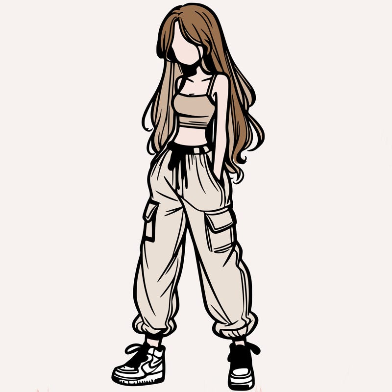 girl in baggy pants crop top and long hair