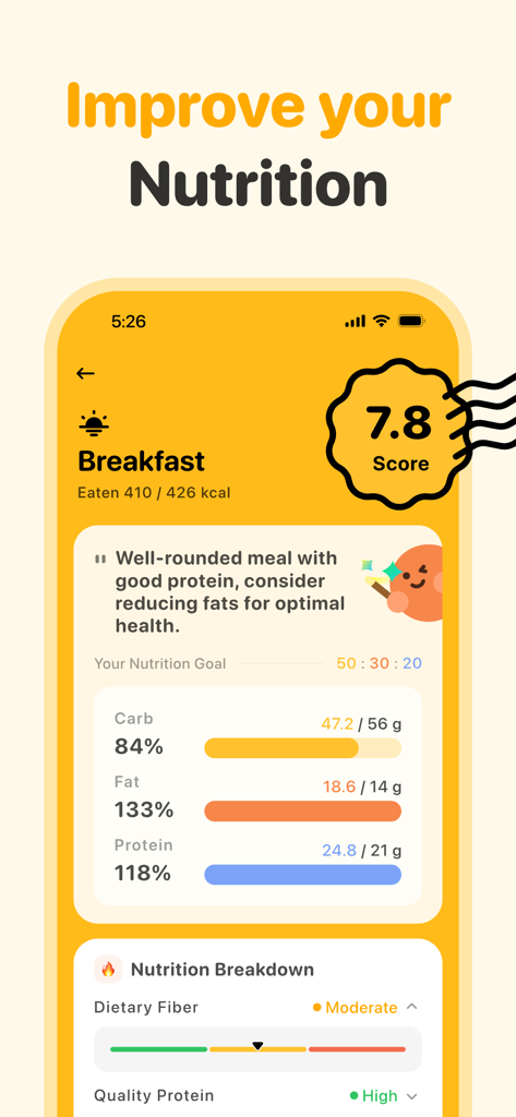 Calorie Counter AI: Food Cam - Interfaccia dell'app mobile che visualizza un punteggio nutrizionale della colazione con tracciamento dei macronutrienti per carboidrati, grassi e proteine