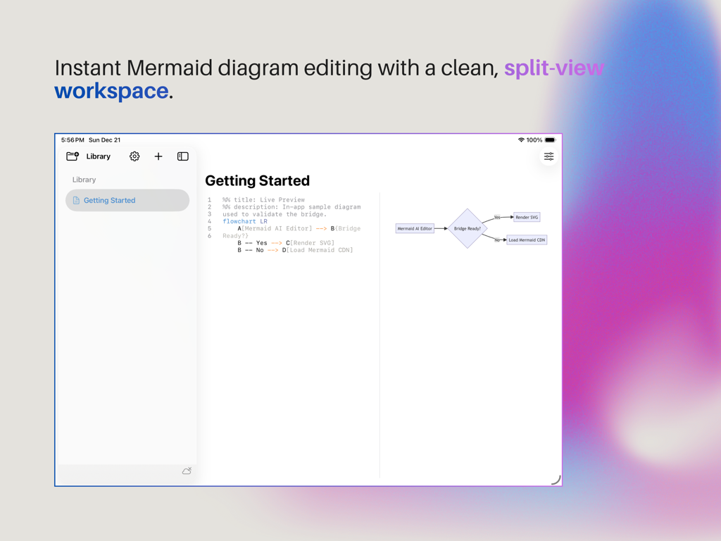 Mermind - Mermind app interface showing a split view with Mermaid syntax code and a real time flowchart preview