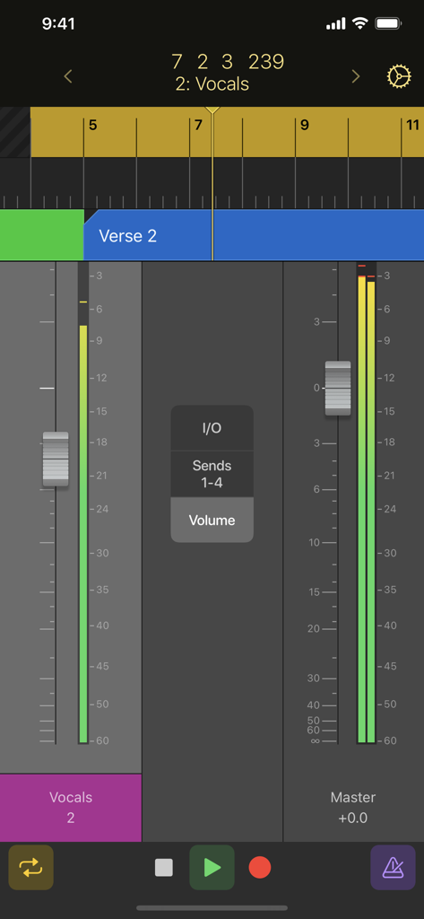 Logic Remote app on iPhone displaying mixer faders for vocals and master tracks with transport controls