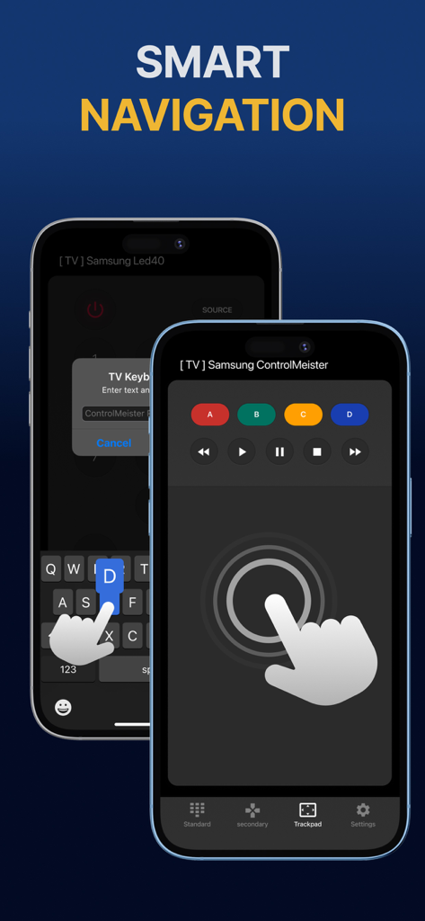 Display dell'iPhone che mostra l'app del telecomando Samsung Smart TV con touchpad e tastiera per la navigazione intelligente