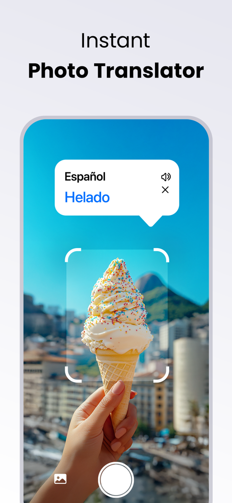 Smartphone screen showing the instant photo translation of an ice cream cone into Spanish