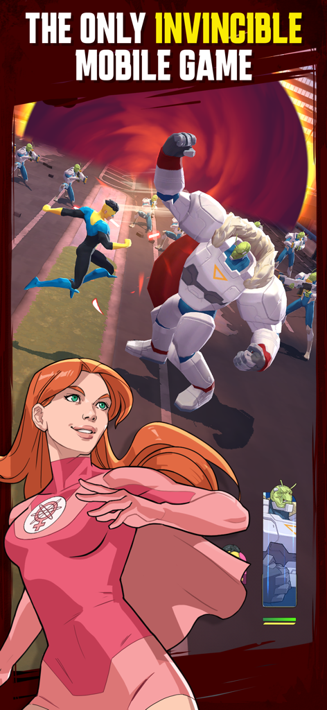 Invincible: Guarding the Globe - Atom Eve and Invincible in an action-packed battle scene from the Invincible Guarding the Globe mobile game.