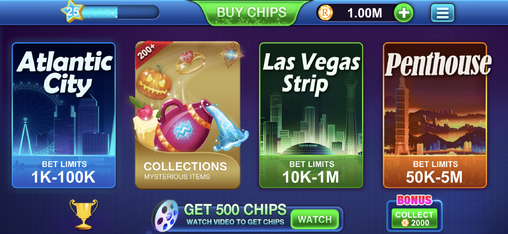 Roulette game menu showing betting rooms for Atlantic City and Las Vegas Strip with different bet limits