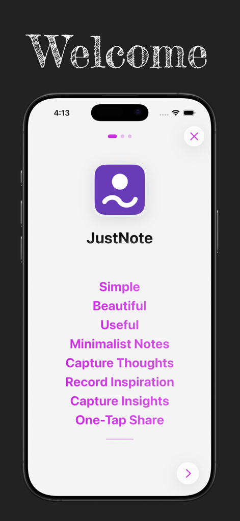 JustNote: Aesthetic Notes - Pantalla de bienvenida de la app JustNote mostrando una lista de características como notas minimalistas y captura de pensamientos en un diseño estético limpio