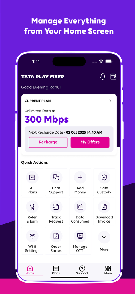 Tata Play Fiber app home screen showing current 300 Mbps internet plan and quick action management icons