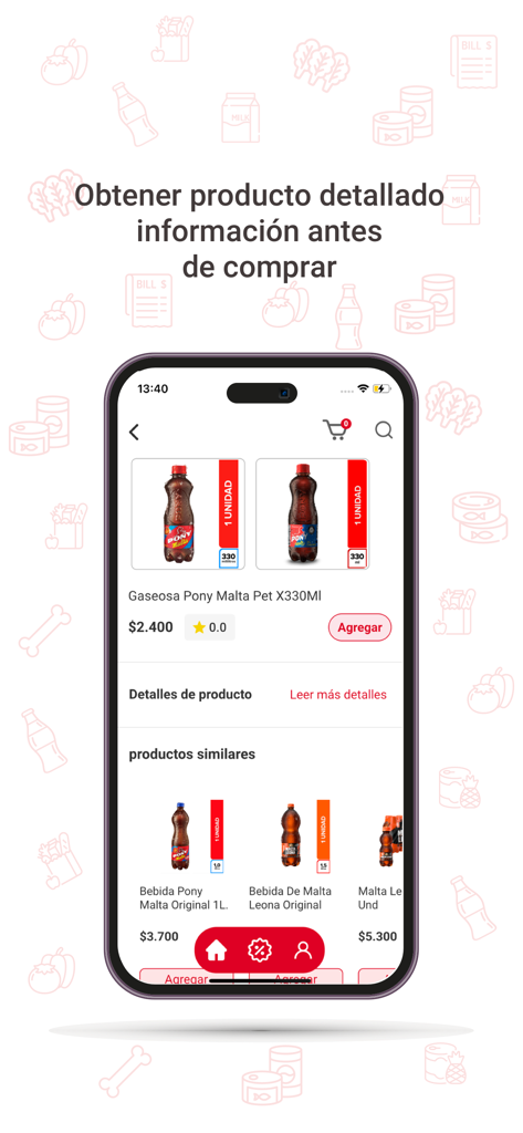 Tela de detalhes do produto no aplicativo OXXO Domicílios mostrando informações de bebidas e recomendações de produtos semelhantes.