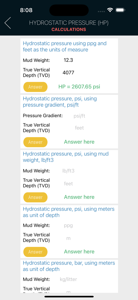 Oilfield app screen displaying hydrostatic pressure calculation formulas and results