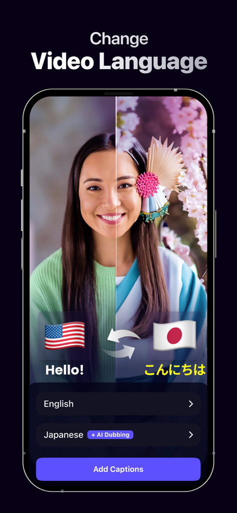AI Captions for Videos - Dubs - Oberfläche der Dubs-App, die KI-Videodubbing und Sprachübersetzung vom Englischen ins Japanische zeigt.