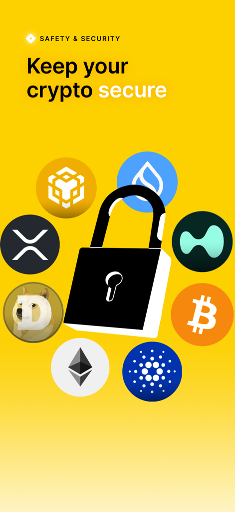 Binance.US: Buy Bitcoin & ETH - Binance.US App-Bildschirm mit einem zentralen Vorhängeschloss-Symbol, umgeben von verschiedenen Kryptowährungs-Logos wie Bitcoin und Ethereum mit dem Text "Halten Sie Ihre Krypto sicher"