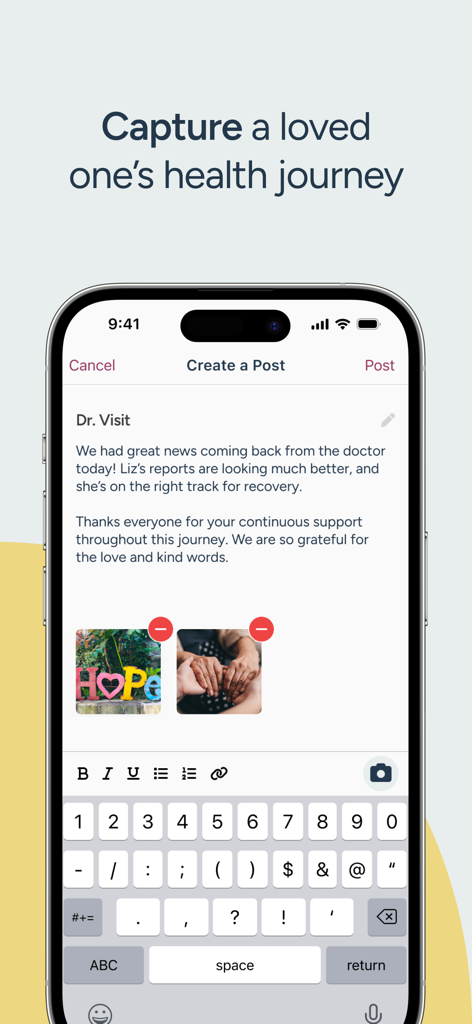 Interface do aplicativo móvel CaringBridge mostrando a tela de criação de postagem para uma atualização de jornada de saúde