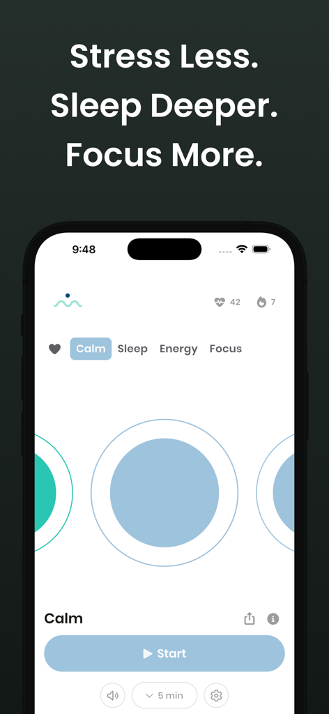 Breathwork by One Deep Breath - Breathwork by One Deep Breath app screen showing a calm breathing exercise and performance metrics