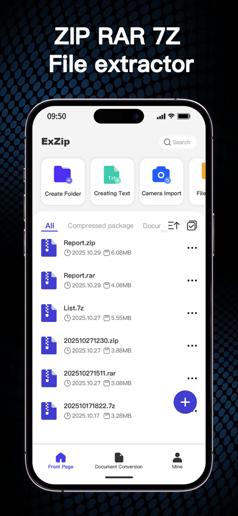 ExZip mobile app main screen showing a list of ZIP RAR and 7Z files