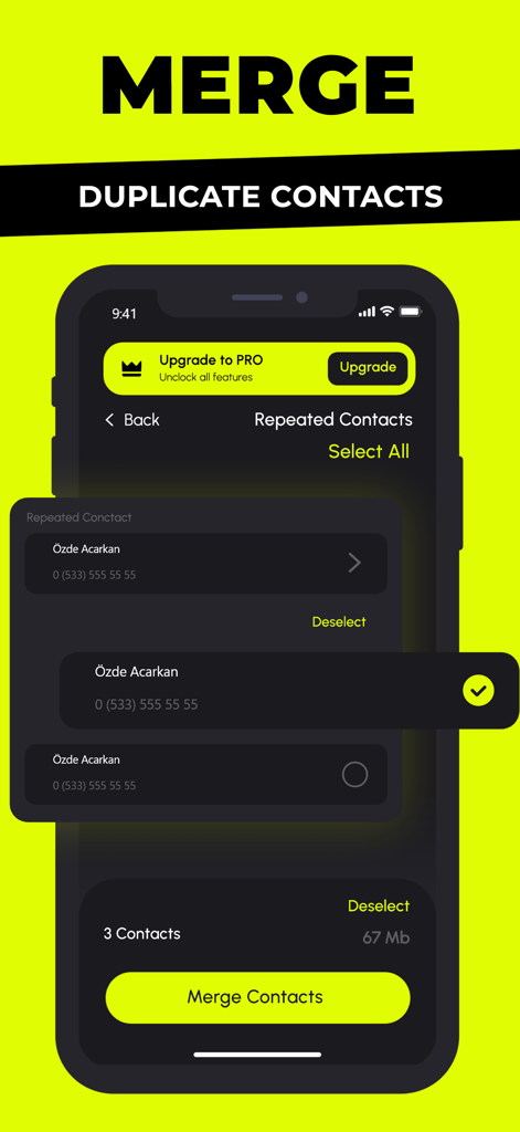 Clean AI - Phone Cleaner - Interface de l'application Clean AI phone cleaner montrant la fonctionnalité de fusion des contacts en double