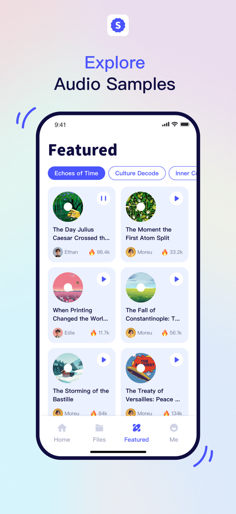 iSpeech — Hear More. Know More - Interface do aplicativo móvel iSpeech exibindo uma lista selecionada de amostras de áudio em destaque e histórias históricas para ouvir