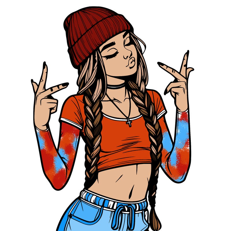 realistic teenage girl with braids and a beanie and crop top doing 🫶🏼