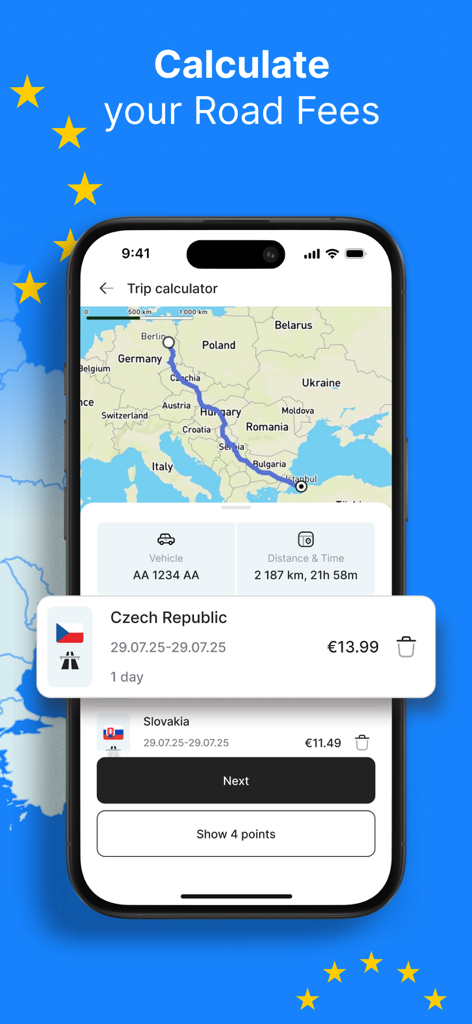 eTOLLs EU: Digital Vignettes - The eTOLLs EU app trip calculator displaying road fees and digital vignette costs for a trip across Europe