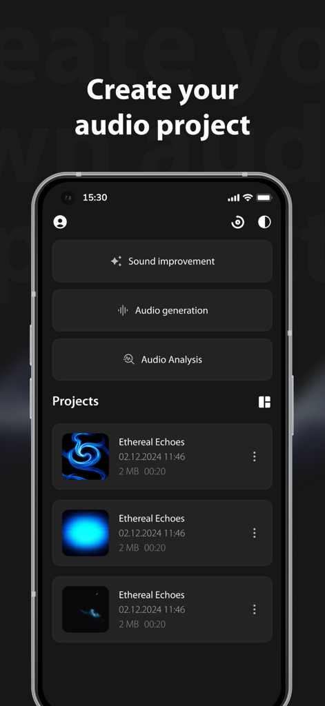 Audiofy - AI Music Editor - Audiofy app dashboard showing tools for AI audio generation and a list of saved projects.