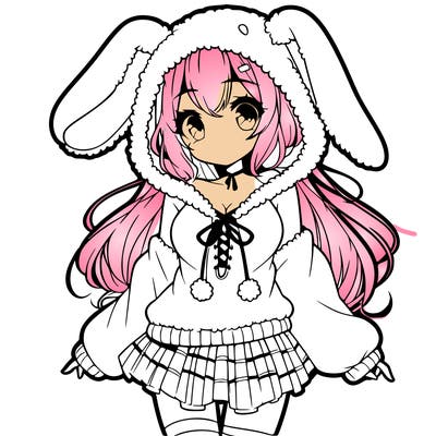 pretty anime girl wearing a fluffy hoodie with bunny ears on the hood and a skirt