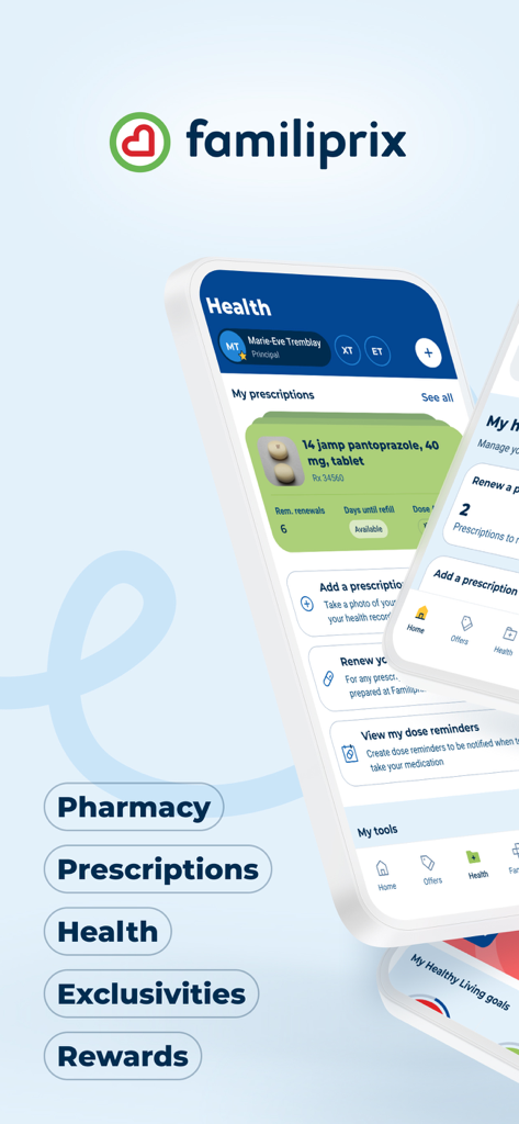 Familiprix - Familiprix mobile app interface showing prescription refills and health management tools