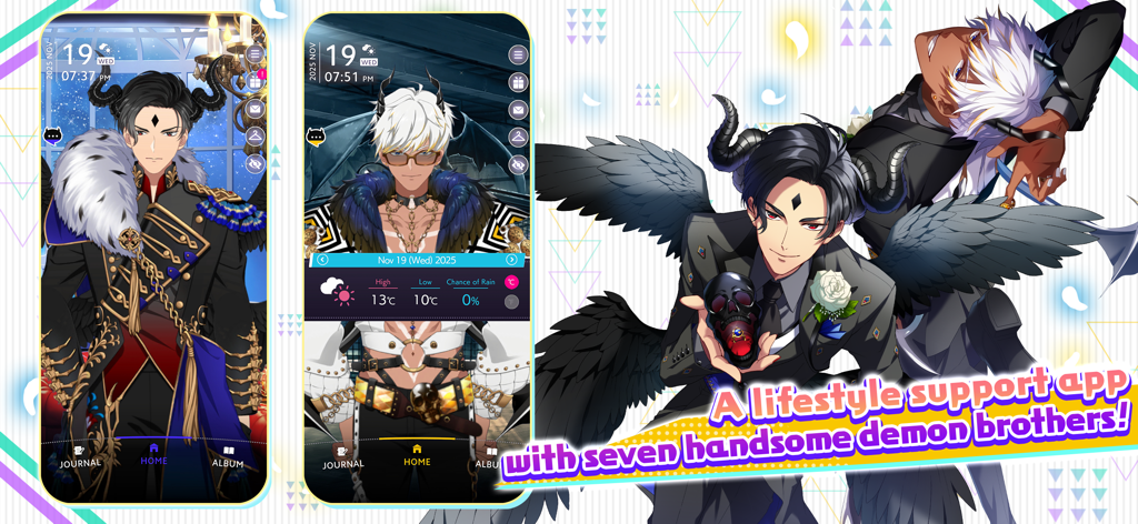 Lifestyle support app interface featuring handsome demon characters from Obey Me Till Death Do Us Part.