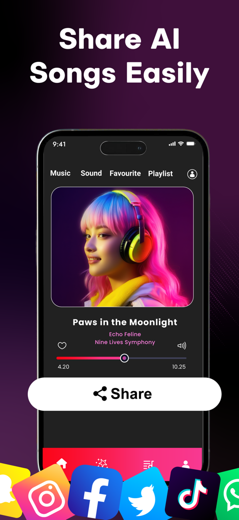SUR - AI Music Generator - Mobile app interface showing a music player with a share button and social media icons for TikTok and Instagram