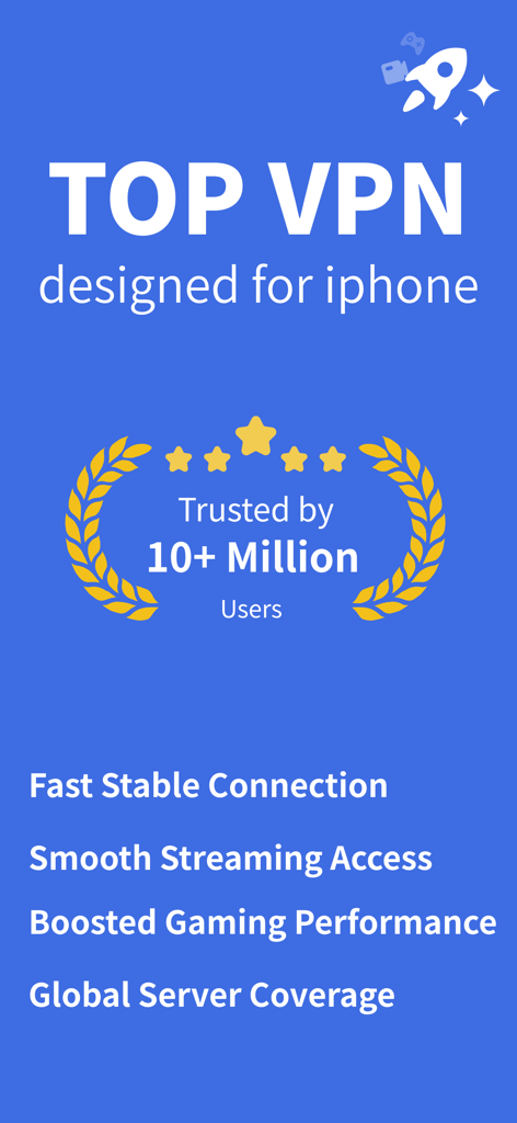 Top VPN - Fast & Secure VPN - Banner promocional para Top VPN no iPhone mostrando recursos como conexão rápida e acesso a streaming.