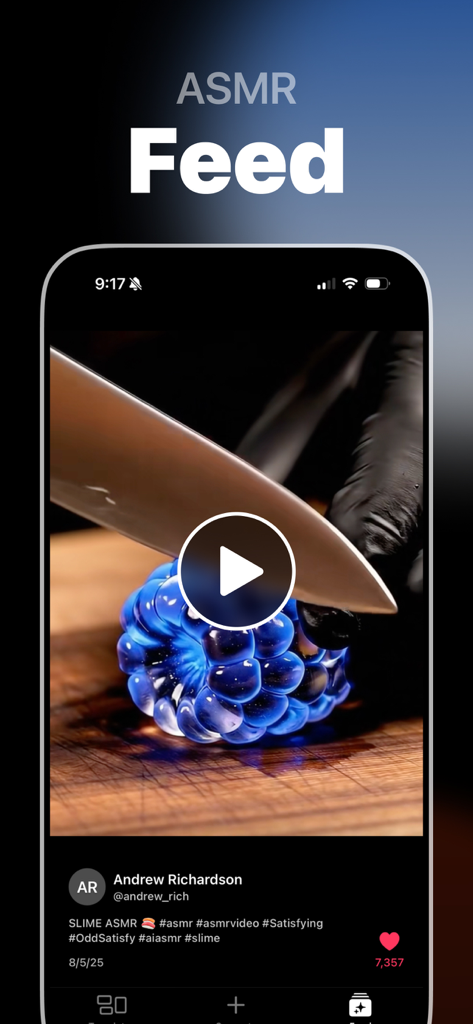 AI ASMR Video Generator: CALMR - The CALMR app interface displaying a feed of viral AI generated ASMR videos including a satisfying clip of a glowing blue fruit being sliced.