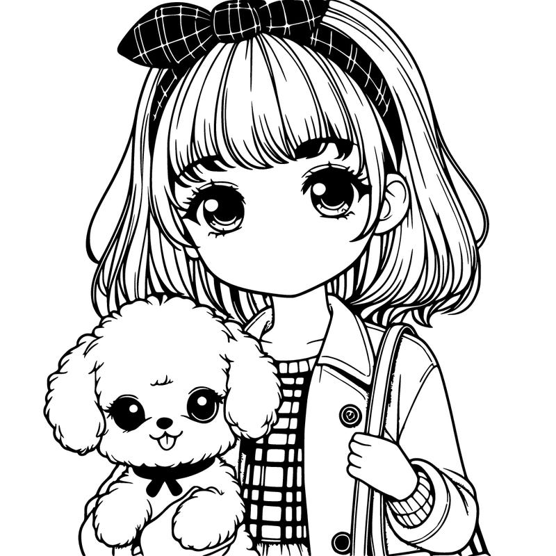 realistic girl in cute clothing and is holding a cute dog