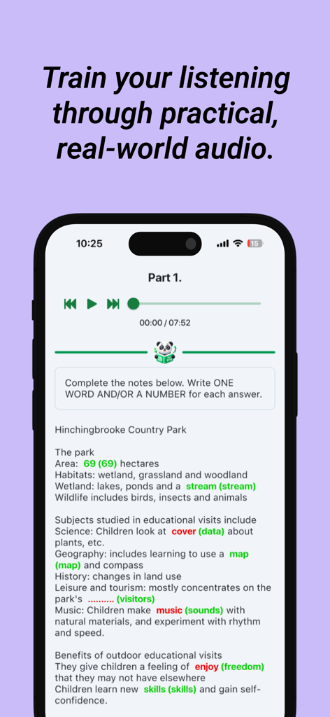 The Eng - English Practice - Captura de tela do aplicativo The Eng mostrando um exercício de escuta e ditado com transcrição e interface de reprodutor de áudio.