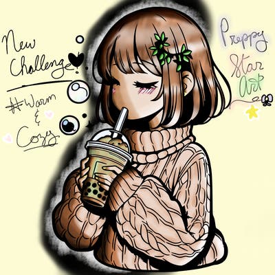 manga girl drinking boba in cozy sweater