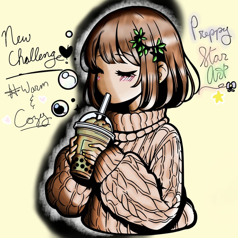 manga girl drinking boba in cozy sweater