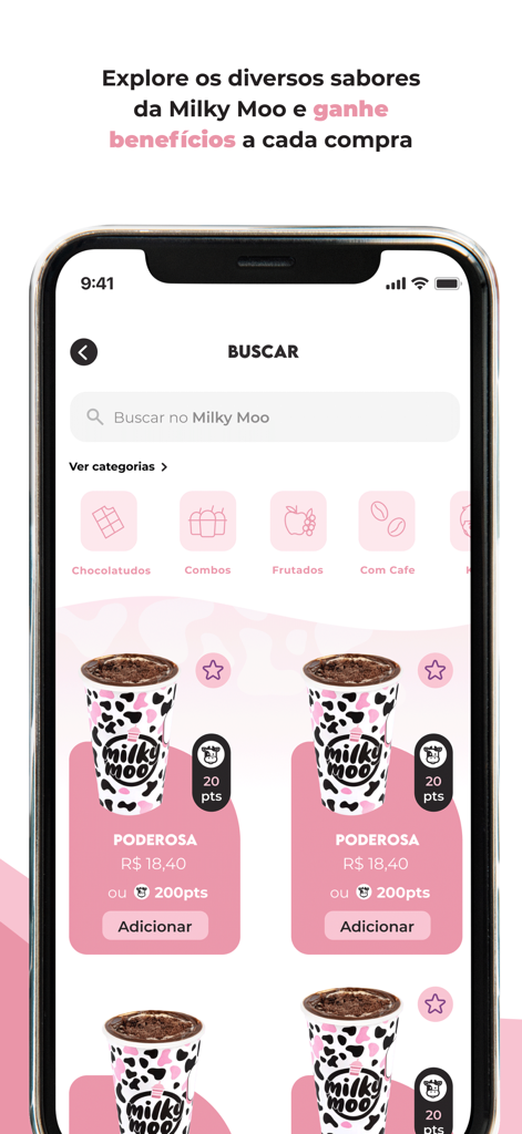 Milky Moo - Milky Moo mobile app menu showing milkshake flavors and loyalty points rewards