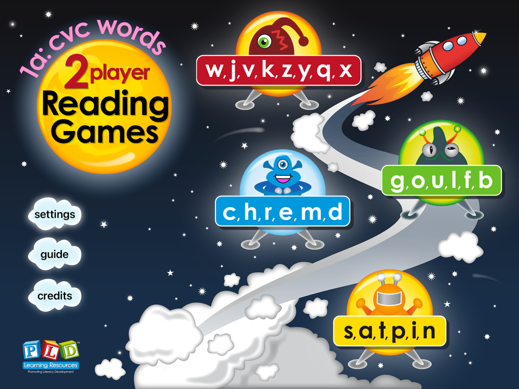PLD 2P Read 1a - Space themed main menu of the PLD 2P Read 1a educational app featuring phonics levels and 2 player reading games