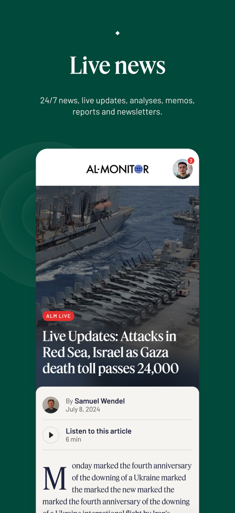AL-Monitor - Al-Monitor app screen displaying live news updates about the Middle East and a listen to article feature.