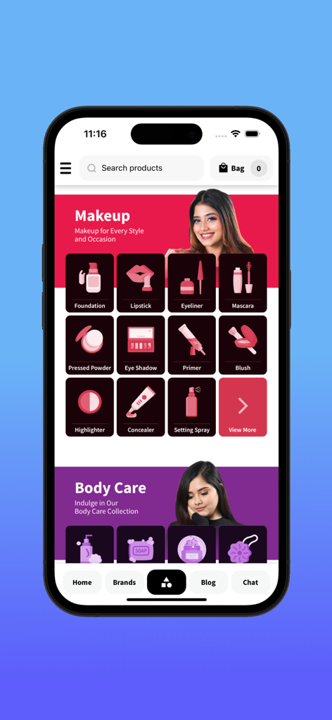 Shajgoj - Uma captura de tela móvel do aplicativo de compras de beleza Shajgoj exibindo categorias de produtos de maquiagem, incluindo batom, base e delineador