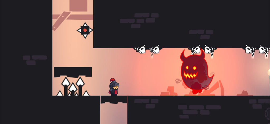 가시가 있는 성 던전에서 커다란 빛나는 붉은 유령을 마주한 작은 기사