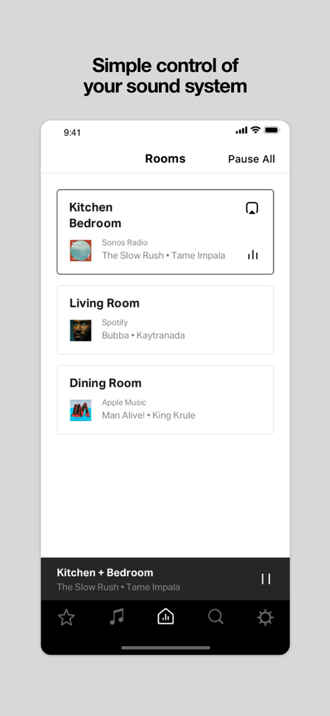 Sonos S1 Controller app interface showing synchronized music playback across multiple rooms including Kitchen Living Room and Dining Room