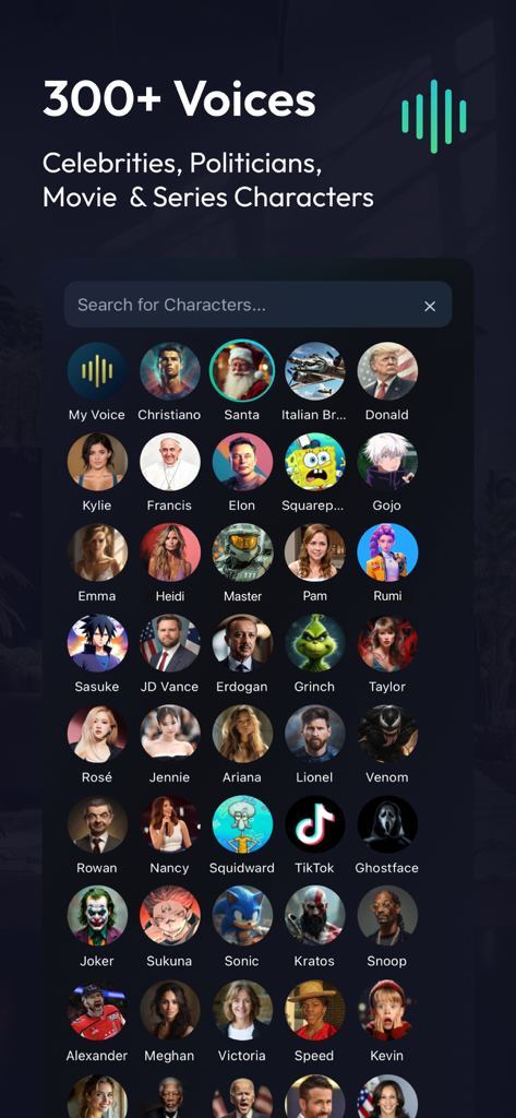 A list of over 300 celebrity and character voices available in the Voices AI app