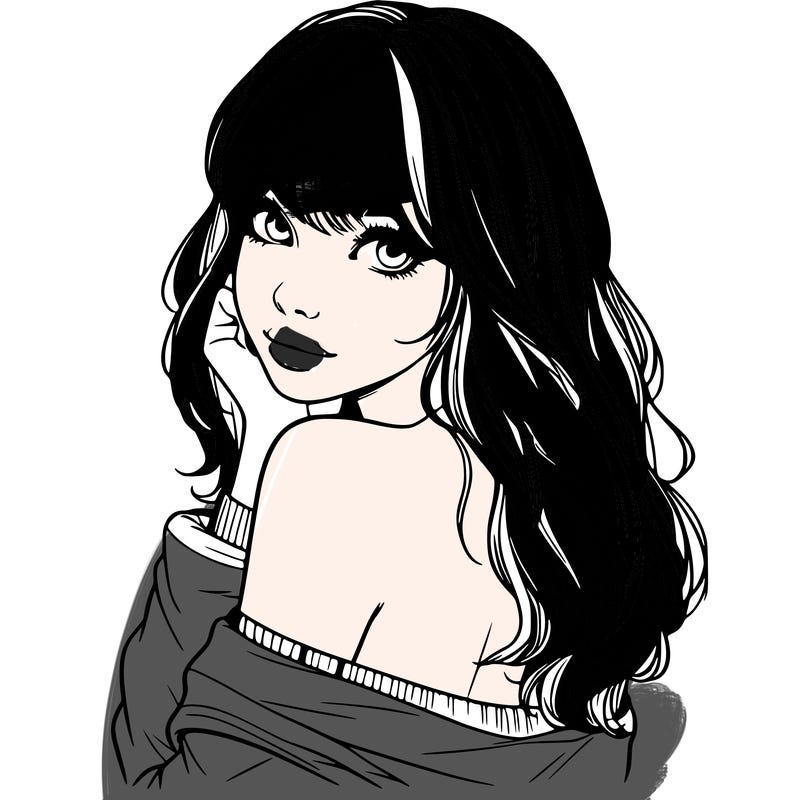 realistic girl with bangs looking over her shoulder