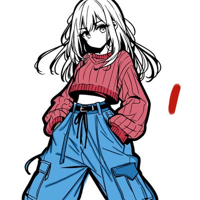 anime teen girl with baggy pants and crop top with sweater