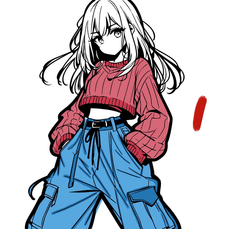 anime teen girl with baggy pants and crop top with sweater