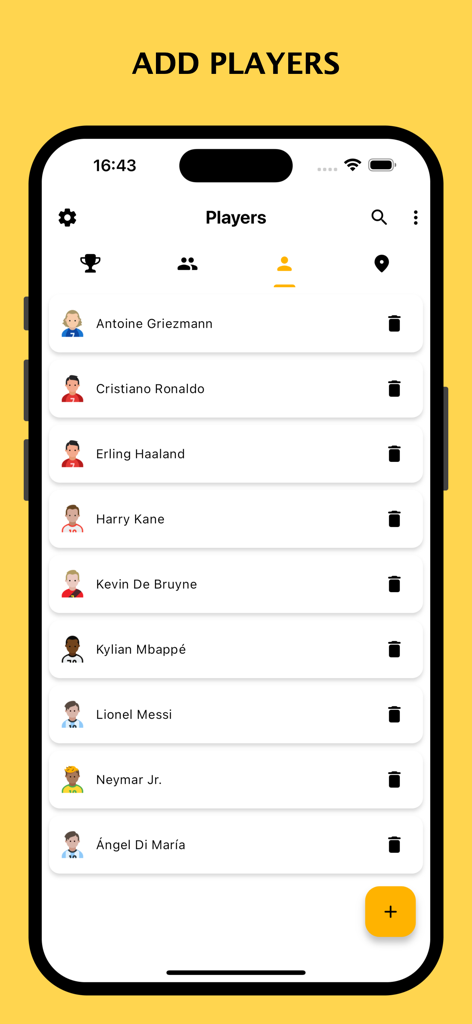 A mobile screen showing the player management interface in the Winner Tournament Maker app with a list of team members.