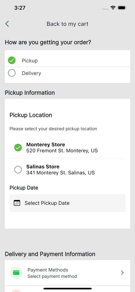 Tela de checkout para selecionar o local de retirada ou entrega e o método de pagamento no aplicativo Max Fit Meals