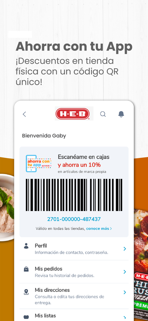 Pantalla de la app HEB mostrando un código de barras de descuento personalizado para ahorrar en tienda en productos de marca propia.