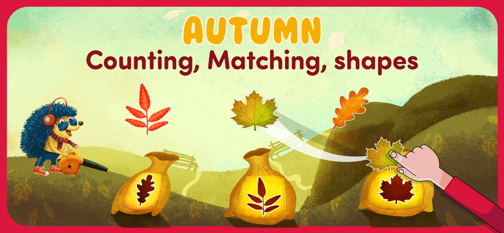 Kleinkind-Lernspiel, das das Zuordnen von Herbstblättern und die Formerkennung zeigt.