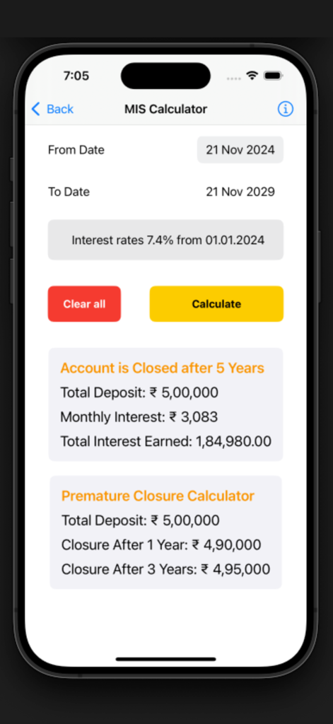 PO Interest Calculator - Monthly Income Scheme calculator showing interest rates and savings returns for Indian Post Office accounts