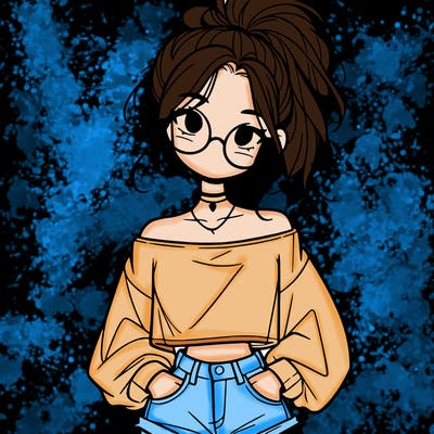 girl with a messy ponytail glasses a baggy crop top and jean shorts