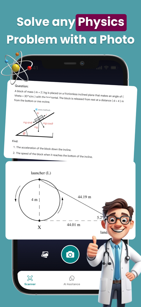 Physics solver－Homework helper - Interface of the Physics Solver app showing the feature to solve physics problems with a photo