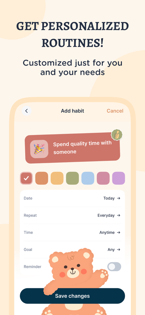 Interface for adding a personalized habit in the TeddyCare app featuring a cute bear mascot and routine settings.